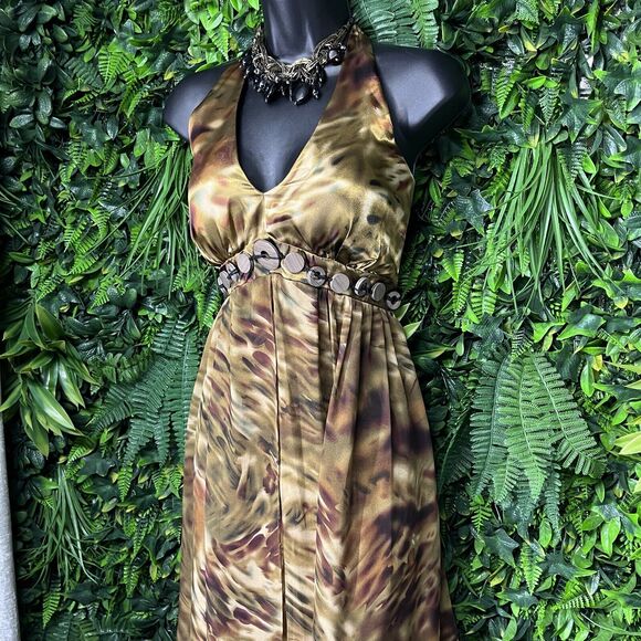 Vintage ROBBI BEE Dress Women 10 Brown Gold Halter Neck Flowy Sheer Overlay 2303 - Picture 7 of 8